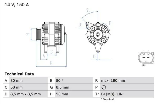 Генератор 150A BOSCH 0 986 082 160