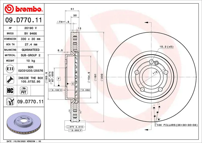 Тормозной диск передний BREMBO 09.D770.11