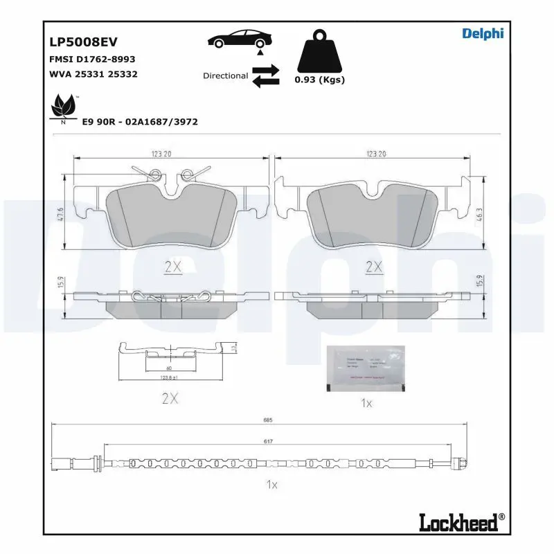 Комплект тормозных колодок, дисковые тормоза DELPHI LP5008EV