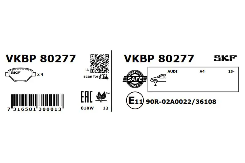Комплект тормозных колодок, дисковые тормоза SKF VKBP 80277