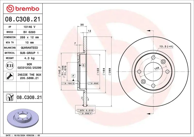 Тормозной диск BREMBO 08.C308.21