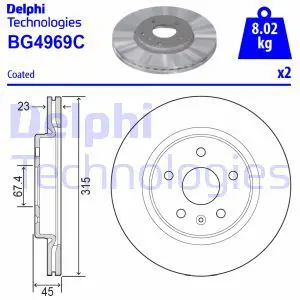 Тормозной диск задний вентилируемый DELPHI BG4969C