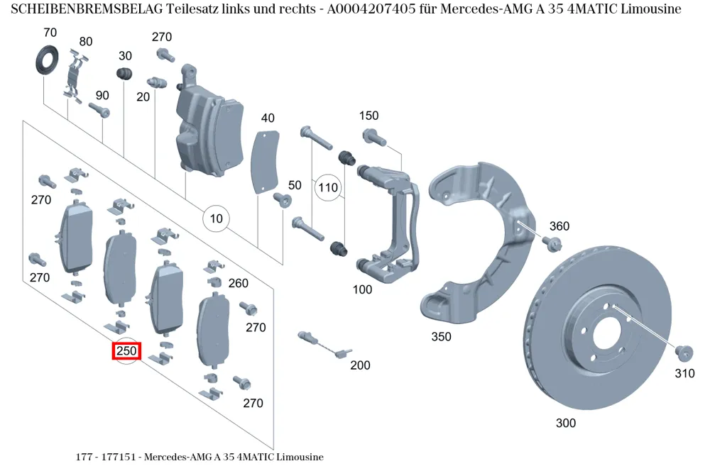 Комплект дисковых тормозных колодок левый и правый для A W177 Mercedes-Benz A0004207405