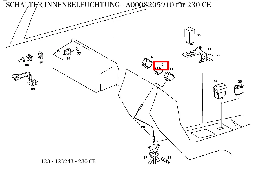 Выключатель освещения салона для E W123, SE W126 Mercedes-Benz A0008205910