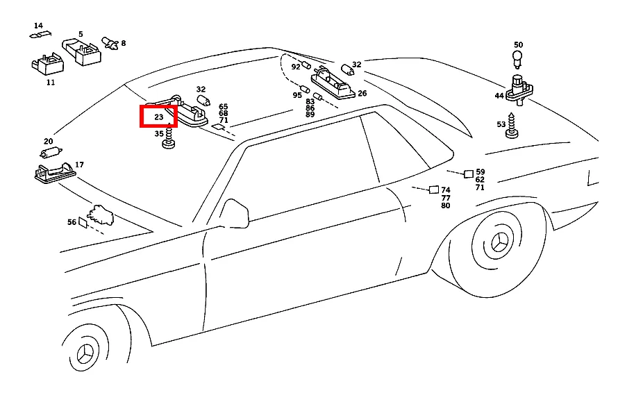 Плафон в раме крыши передний для SLC 107, SE 116 и E 123 Mercedes-Benz A0008206301