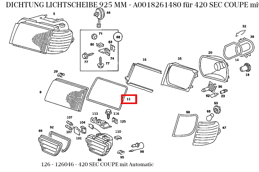 Уплотнение рассеивателя 925 мм для SE W126 Mercedes-Benz A0018261480