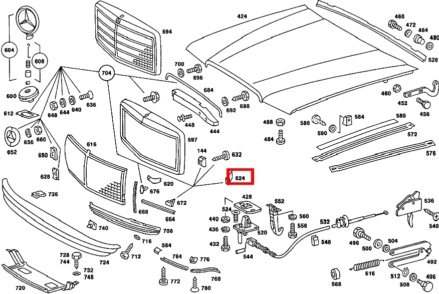 Гайка-клипса решётки радиатора верхняя для SE 126, E 124 и GLB 247 Mercedes-Benz A0019942745