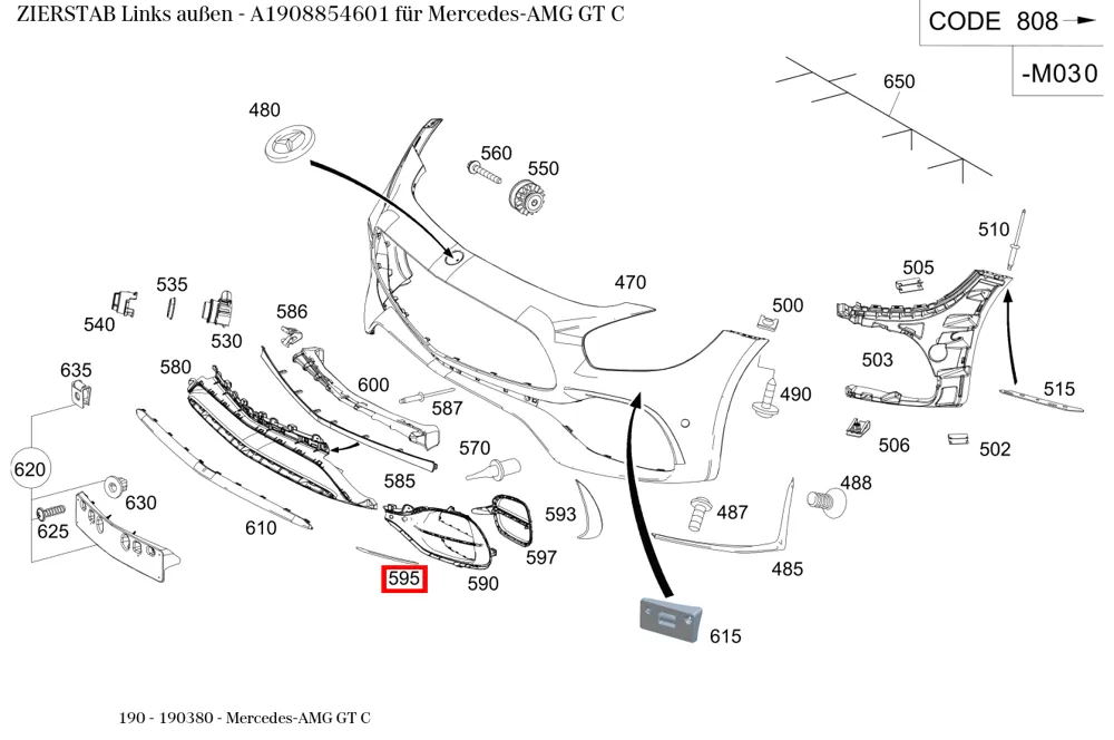 Молдинг левый наружный для GT W190 Mercedes-Benz A1908854601