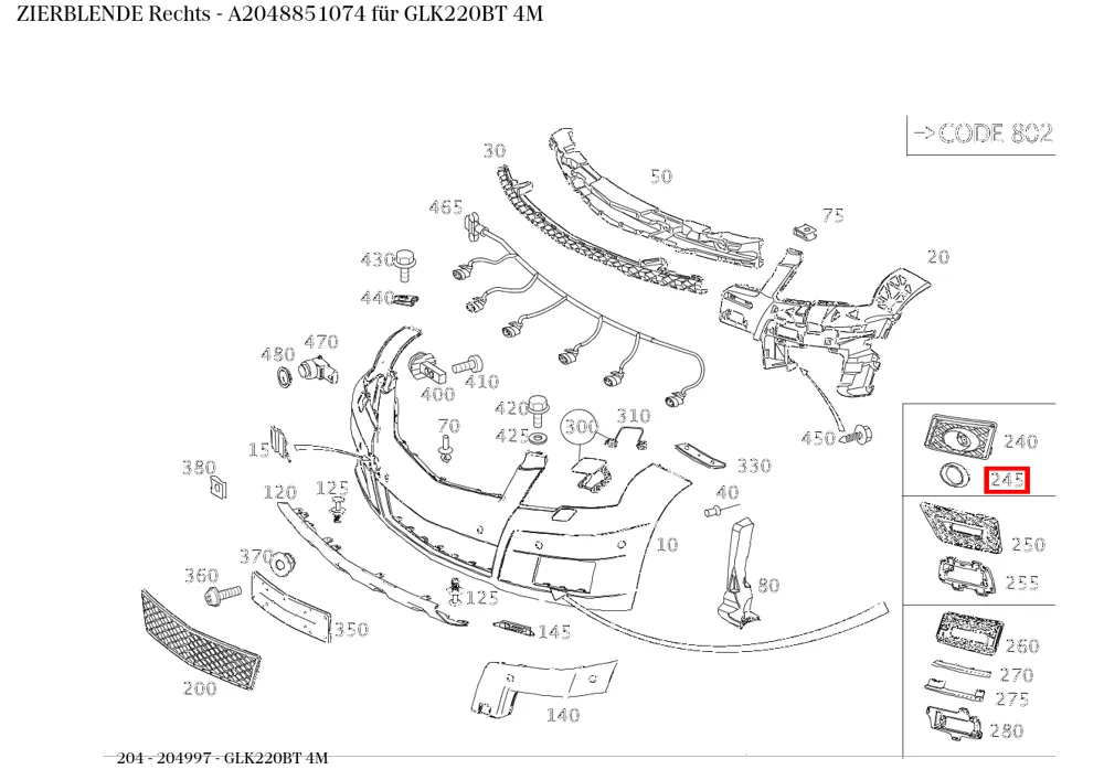 Декоративная накладка правая для C W204 Mercedes-Benz A2048851074