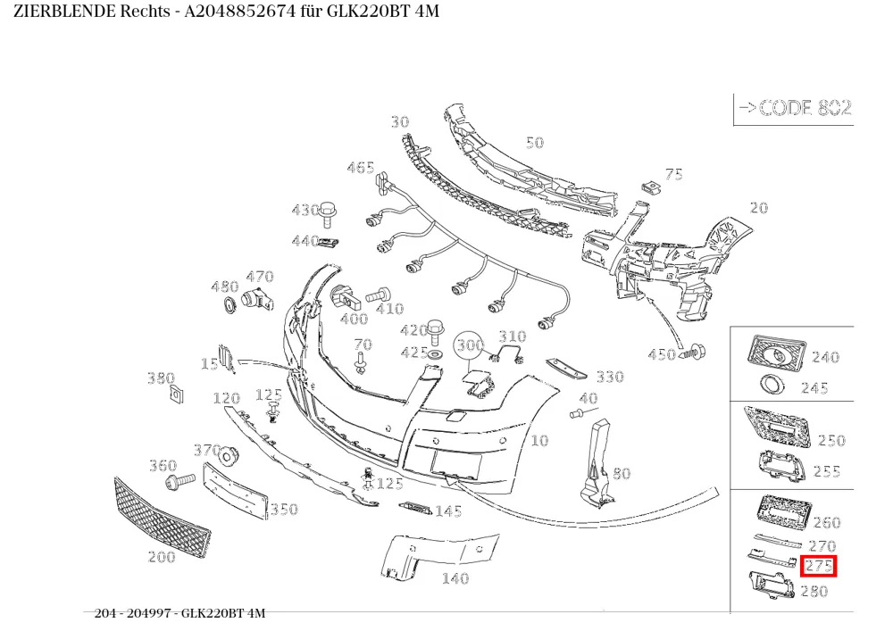 Декоративная накладка правая для C W204 Mercedes-Benz A2048852674