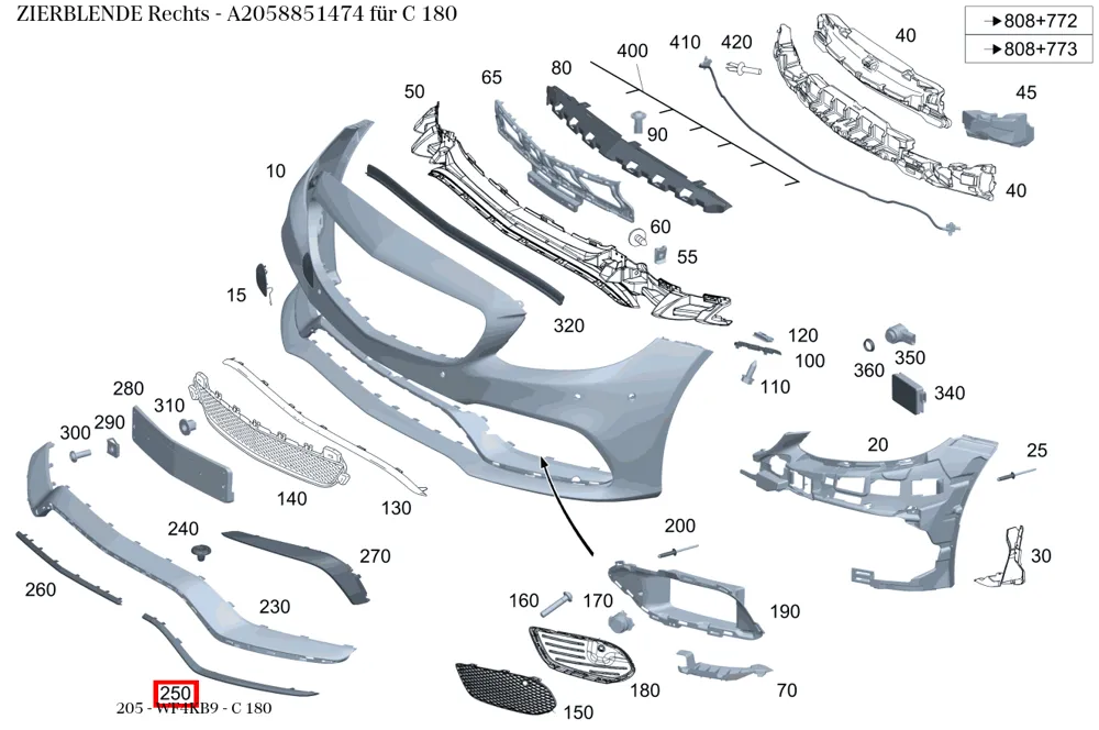 Декоративная накладка правая для C W205, CLK W209 Mercedes-Benz A2058851474