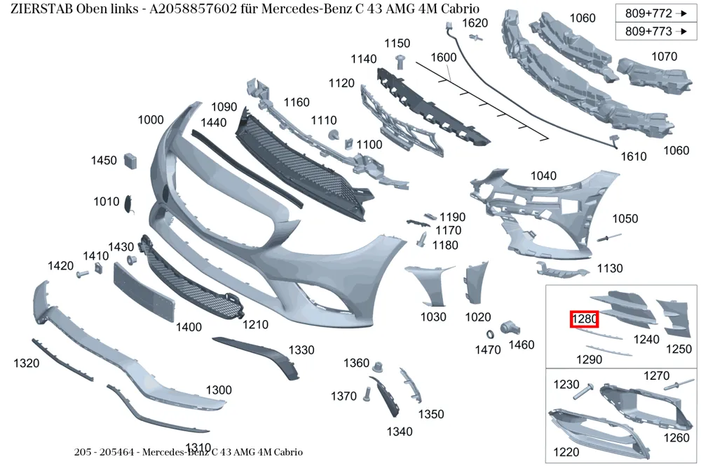 Декоративная планка верхняя левая для C W205 Mercedes-Benz A2058857602