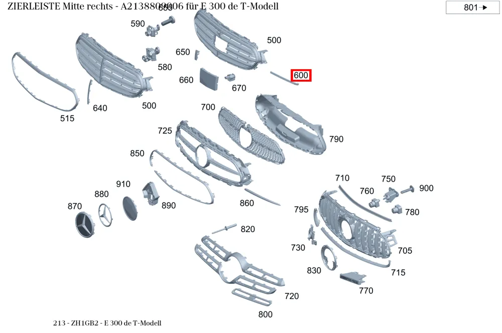 Молдинг средний правый для E W213 Mercedes-Benz A2138809006