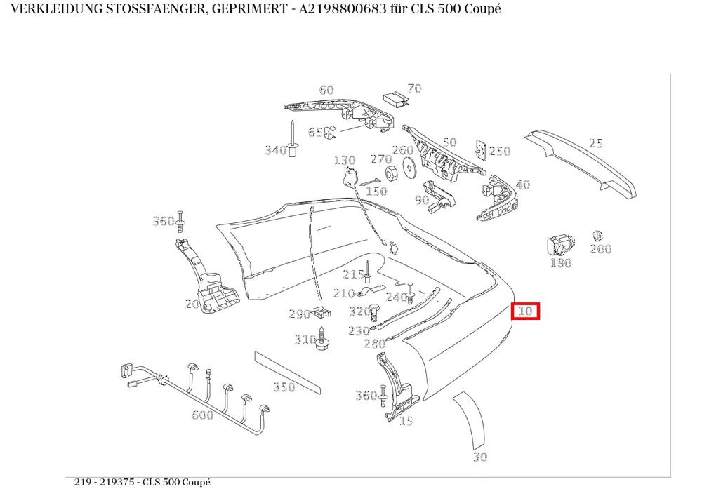 Облицовка бампера грунтованная для CLS W219 Mercedes-Benz A2198800683