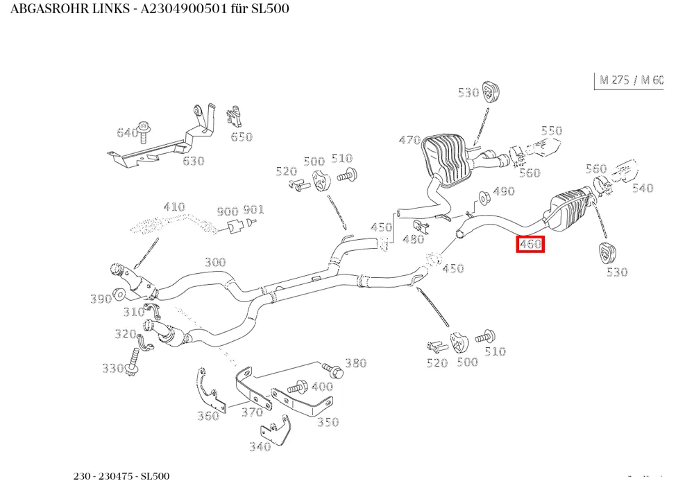 Выхлопная труба левая для SL-класса 230 Mercedes-Benz A2304900501
