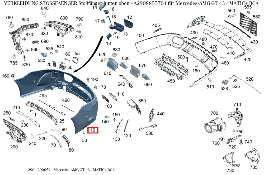Облицовка бампера задняя верхняя для AMG W290 Mercedes-Benz A2908855701